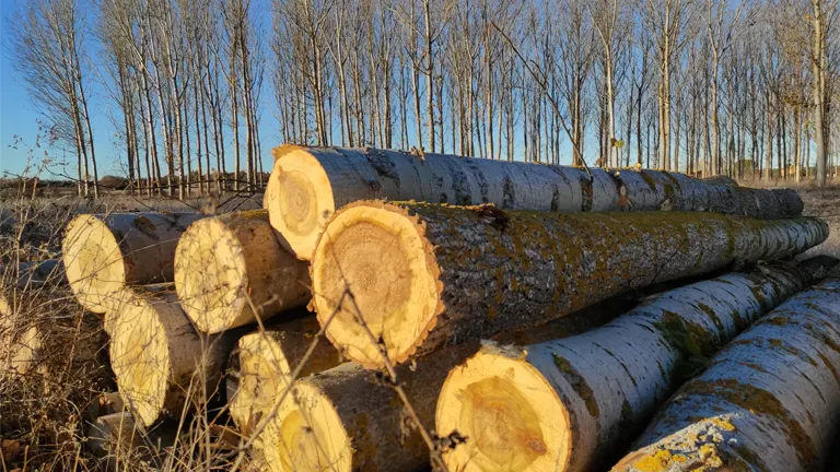 Stacked timber logs in front of a winter forest, highlighting sustainable timber harvesting.