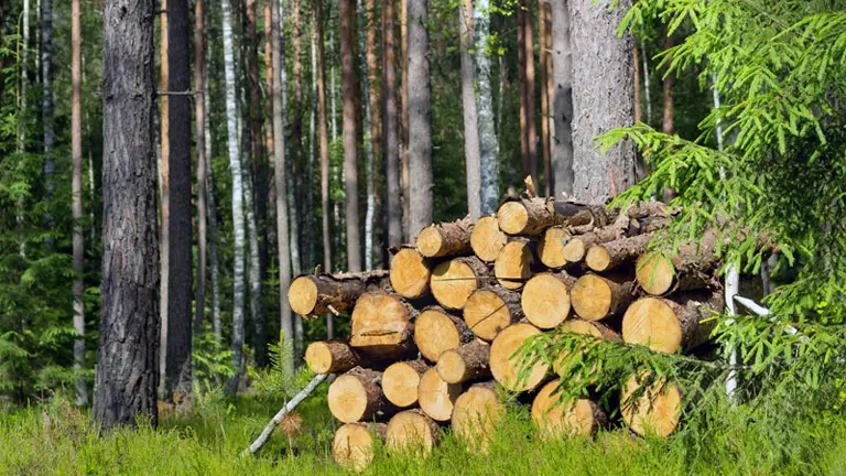 Stacked logs in a forest clearing, symbolizing sustainable timber harvesting in the forestry industry.