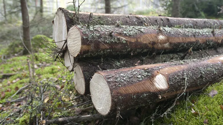 Freshly cut tree logs covered in moss and branches, highlighting sustainable forestry and responsible timber harvesting practices.