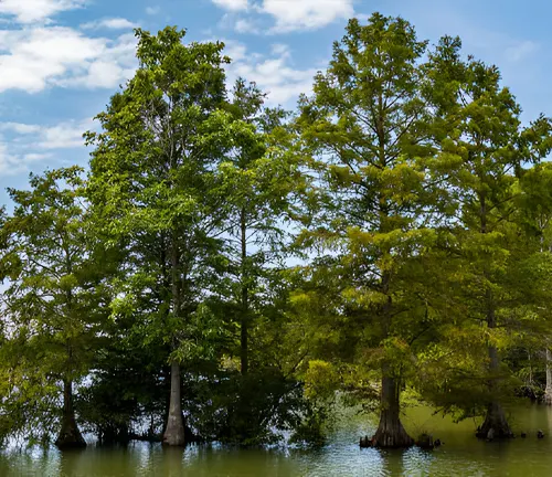 Cluster of trees standing in shallow water, ideal for identifying wetland tree species.