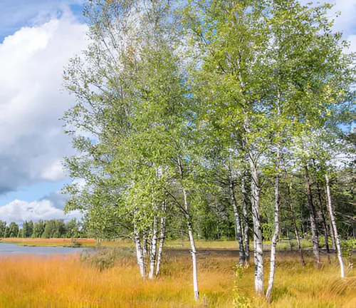 Birch trees with white bark near a lakeshore, useful for identifying tree species in wetland areas.