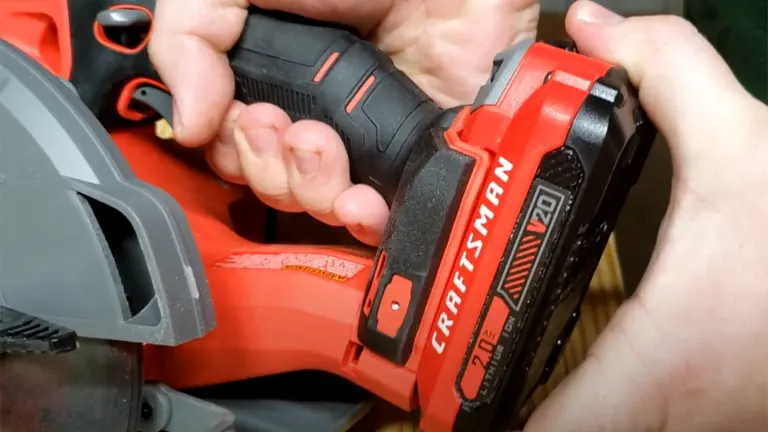 Close-up of Craftsman 20V (CMCS551B) Cordless Circular Saw handle and battery.