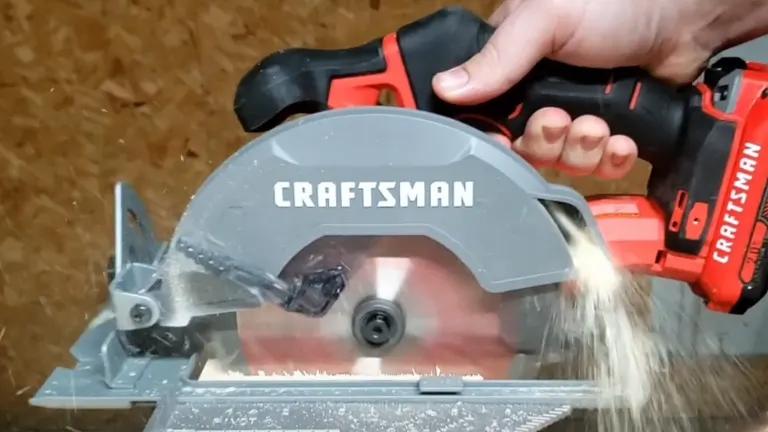 Craftsman 20V (CMCS551B) Cordless Circular Saw in use cutting wood.