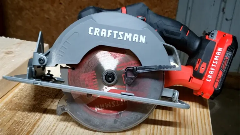 Craftsman 20V (CMCS551B) Cordless Circular Saw resting on wood surface.