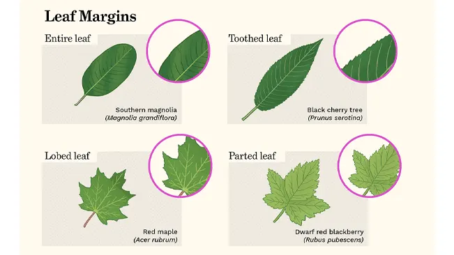 Diagram showing four types of leaf margins: entire, toothed, lobed, and parted, with examples like Southern magnolia and Red maple.