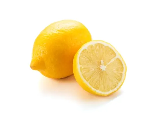 Whole lemon and a sliced half on a white background.