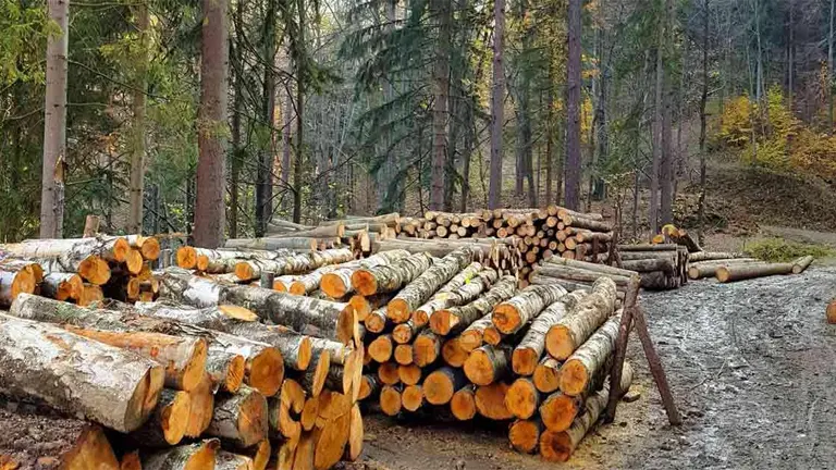 Stacked logs in a forest, showing timber from logging activities.