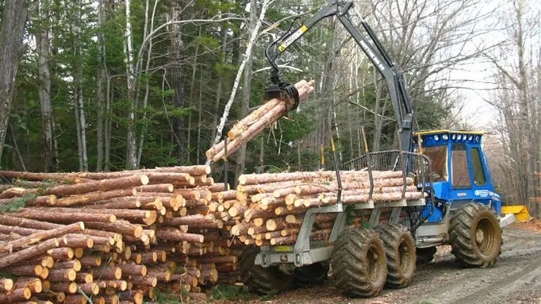 Machine loading cut logs onto a trailer in a forest logging operation.