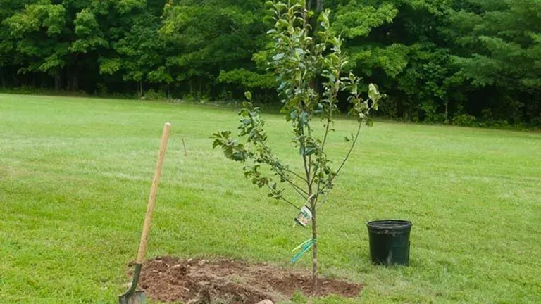 Newly planted young tree in a grassy field with a shovel and a planting pot nearby.