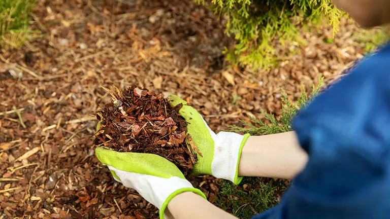 Hands wearing gardening gloves holding mulch, preparing to spread it around the base of a tree.