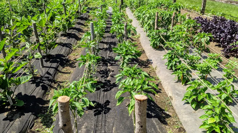 Young trees planted in rows with support posts and ground cover, promoting organized growth and protection.