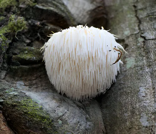 A lion's mane mushroom growing on a tree, representing exotic mushroom farming in the forest.