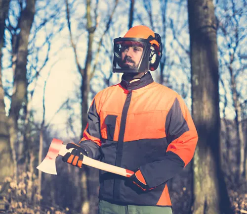 A man in protective gear holding an axe, preparing for tree felling in a forest.