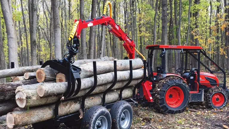 Logging tractor loading timber logs, showcasing machinery used in the forestry and wood products industry.