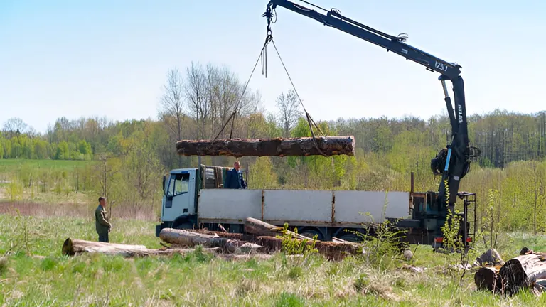 Crane loading large timber logs onto a truck in a field, depicting transportation operations in the forestry industry.