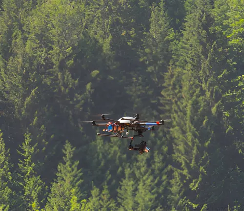 Drone flying over a dense forest, used for conducting a forest health assessment.