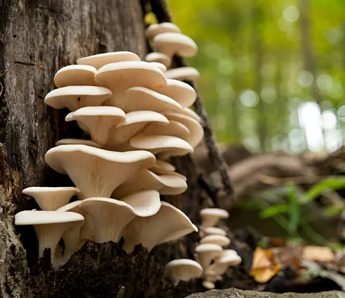 Oyster mushrooms growing on a tree stump, showcasing forest-based exotic mushroom farming.