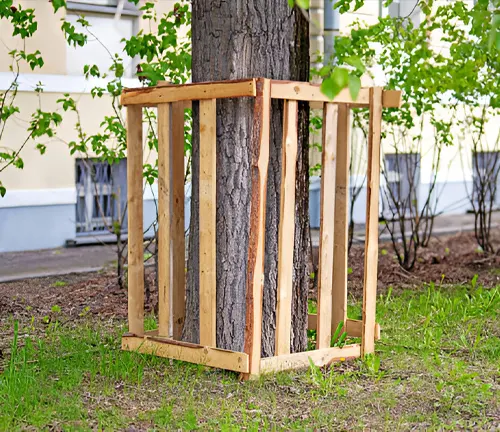 Simple wooden fence installed around a tree for protection, allowing space for growth.