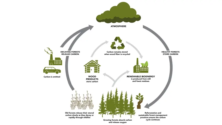 Diagram illustrating the carbon cycle between decaying forests, wood products, renewable bioenergy, and healthy forests storing carbon, relevant to forest growth and sustainability measures.