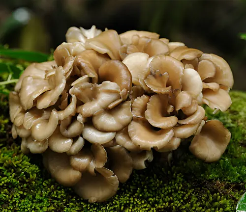 A cluster of maitake mushrooms growing on moss, representing exotic mushroom farming in the forest.