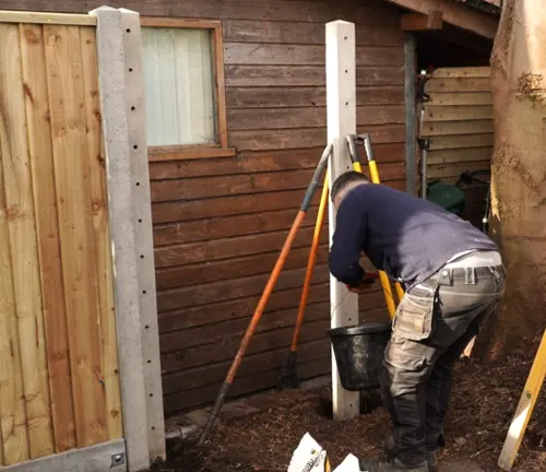 Worker installing fence posts near a tree, ensuring proper alignment.