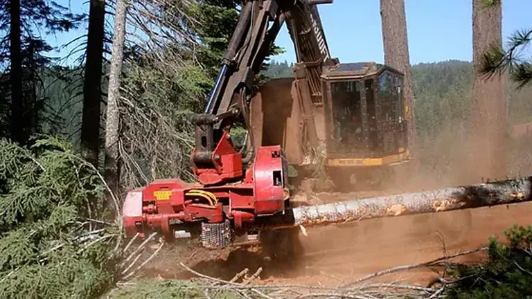 Logging machine cutting and processing a tree in the forest.