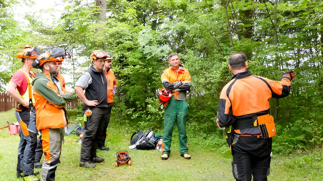 Group of forest workers in protective gear discussing plans for a forest health assessment.