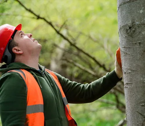 Worker inspecting a tree before installing a fence, assessing tree condition and space.