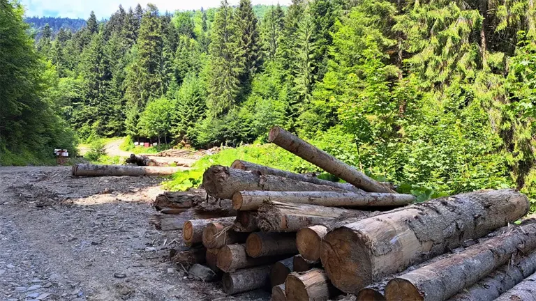 Stacked logs beside a forest road, illustrating timber harvesting and its economic and policy implications for sustainable forest management.