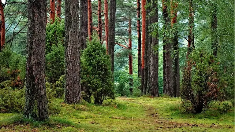 Forest path surrounded by tall trees and lush vegetation, representing natural forest ecosystems, important in forest policy and economic studies on sustainability.