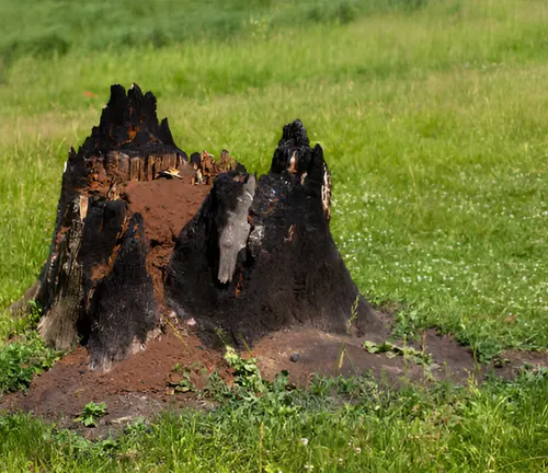 Burnt tree stump in a grassy area