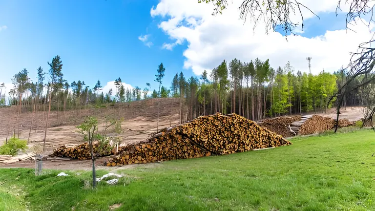 Piles of cut logs near a partially cleared forest, representing sustainable forestry and responsible logging practices.