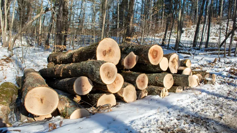 Stack of freshly cut timber logs in a snowy forest, illustrating sustainable timber harvesting.