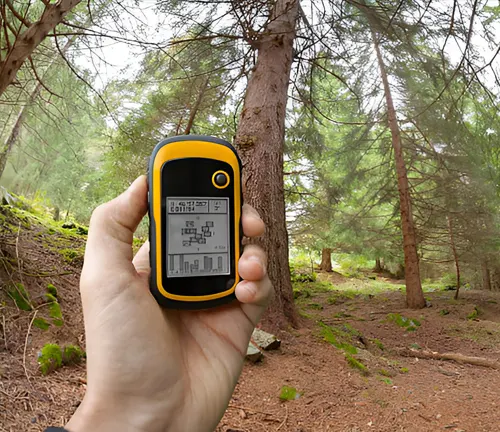 Hand holding a GPS device in a forest, used for mapping during a forest health assessment.