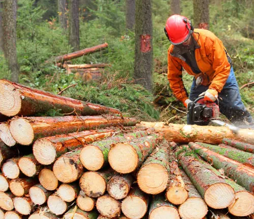 Worker using a chainsaw for sawmilling on-site, preparing logs for processing efficiently.