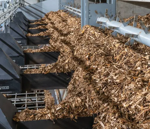 Wood chips being processed as byproducts for energy, landscaping, or other industrial uses.