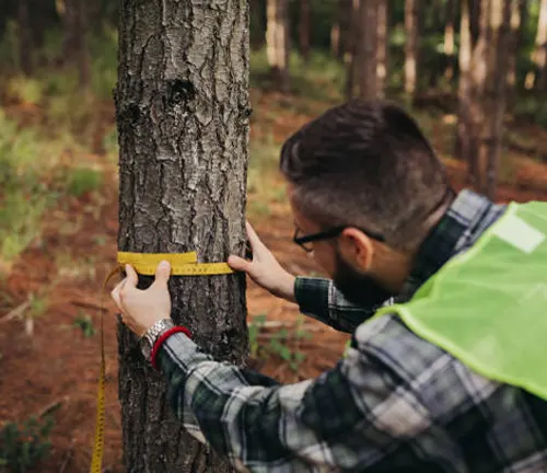 Forester measuring tree diameter as part of proper pre-harvest planning for timber management.