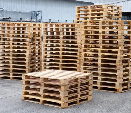 Stacks of wooden shipping pallets, commonly repurposed as reclaimed wood for various projects.