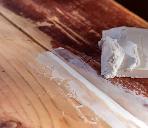 Close-up of wood filler being applied to a gap in a timber floor.