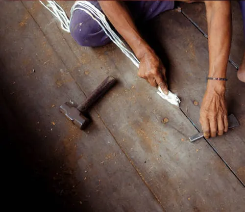 Person filling gaps in timber floor using rope filler, with a hammer beside them.