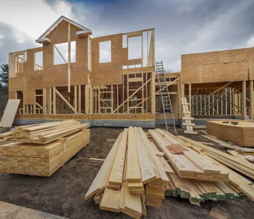 Timber stacked neatly at a construction site beside a partially built house structure.