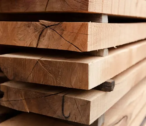 Close-up view of timber planks stacked with spacers for proper air circulation.