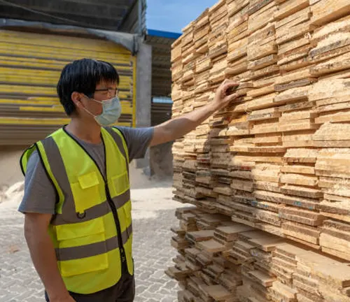 Worker inspecting stacked timber planks at a construction site for quality assurance.