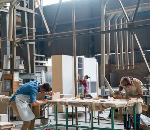 Workers in a timber factory crafting wooden products using various tools and equipment.