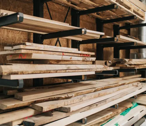 Timber boards neatly stacked on metal shelves in an indoor storage facility.