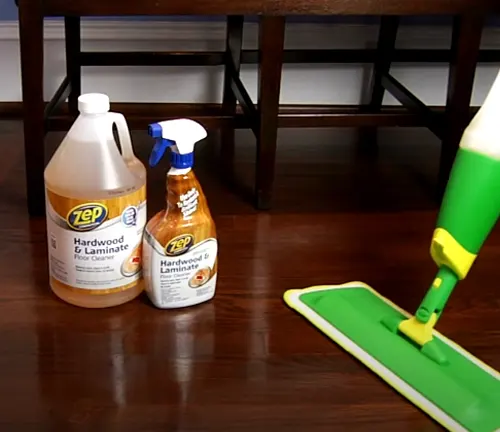 Hardwood floor cleaning supplies, including a mop and wood-specific cleaning solutions for maintenance.