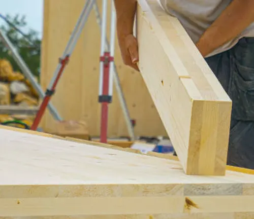 Worker handling a large wooden beam during a timber construction project outdoors.