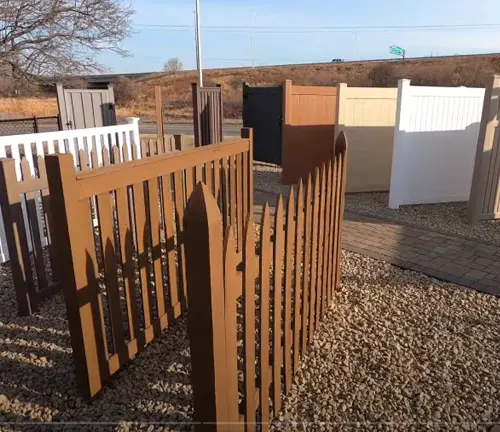 Display of various fence styles including picket, privacy, and vinyl options in a yard.