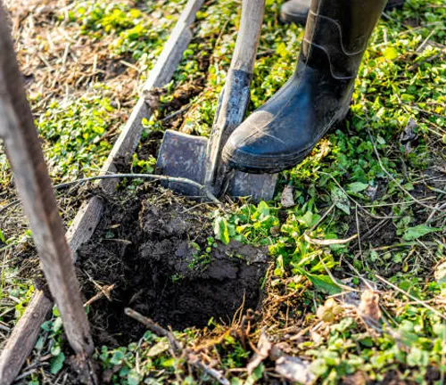 Person digging a hole in the soil using a shovel, wearing rubber boots.