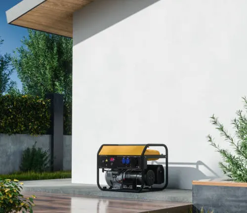 A yellow generator placed outside on a concrete patio beside a modern house.